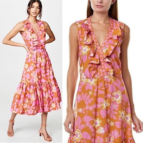 WARM 70s Tropical Floral Sleeveless Ruffle Trim V-Neck Flounce Tier Midi Dress M - Picture 1 of 10